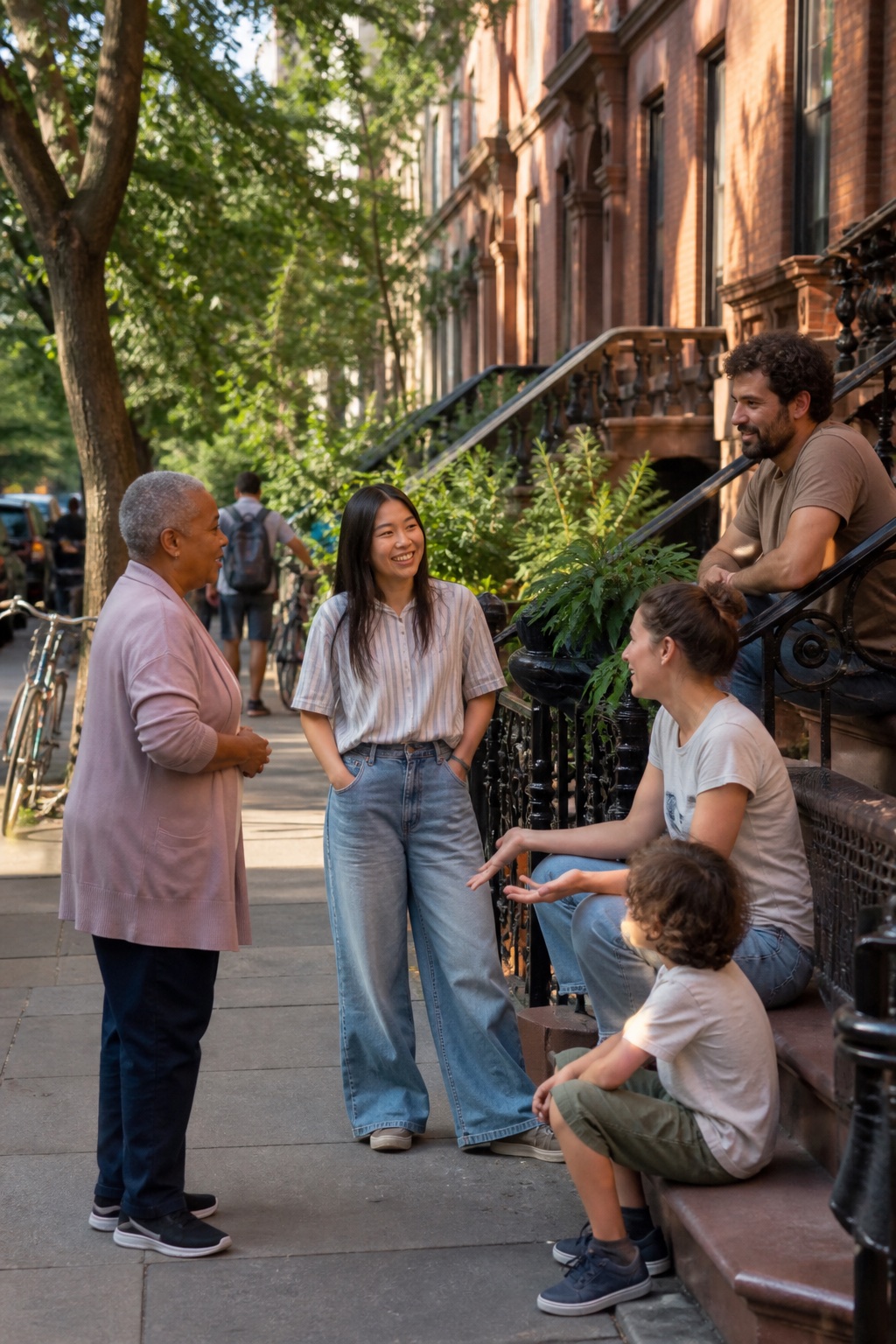 Neighbors sharing a conversation on a leafy residential street