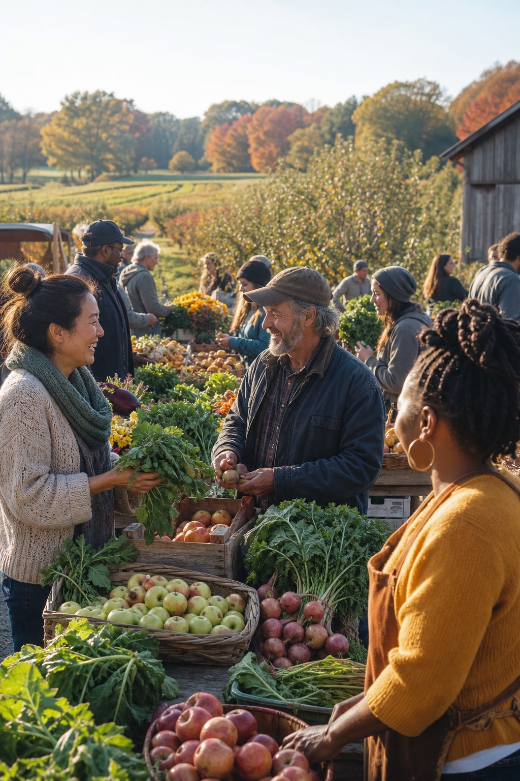 Neighbors talking with a grower at a local produce stand